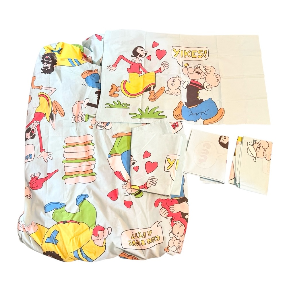 Vintage 1970s Popeye Twin Fitted Bed Sheet 4 Pillow Cases